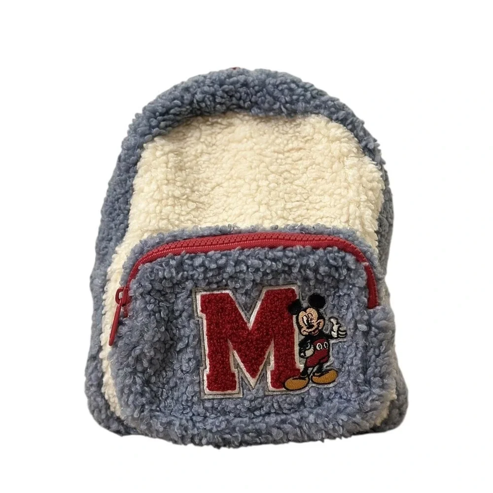 Disney Mickey Mouse Sherpa Mini Backpack Blue Cream Red Zippers M Patch